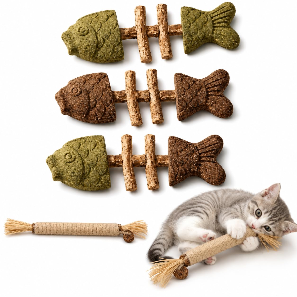 Poivgew 5 Piece Silvervine Chew Sticks for Cats,Silvervine and Catnip Fish Chew Stick Set
