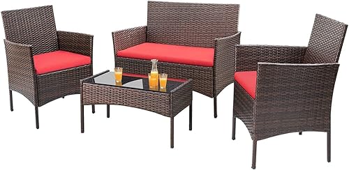 Miniatura 10 de Juego de 4 piezas de muebles para patio al aire libre, silla de ratán de mimbre, sofá para exterior e interior, muebles de uso para patio trasero