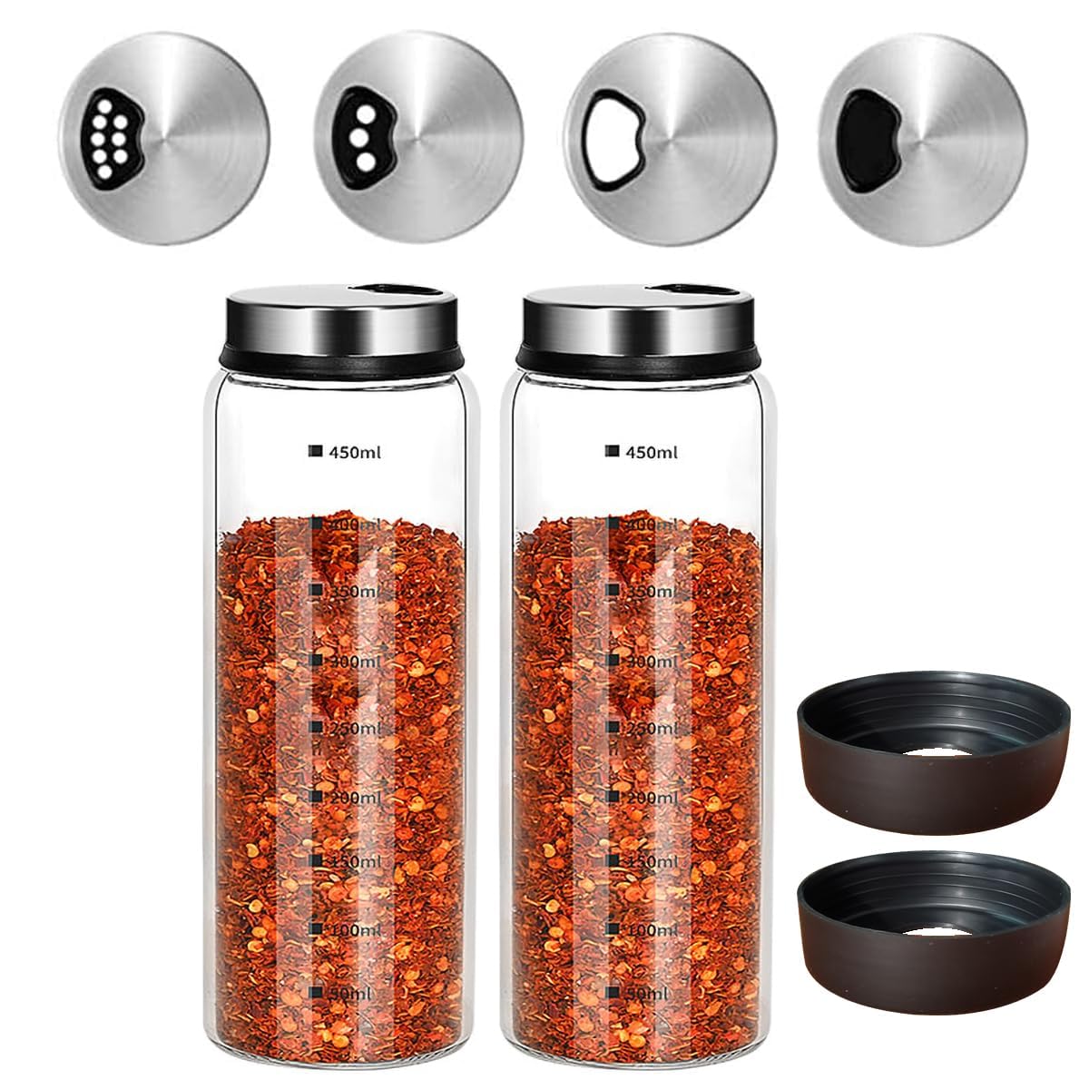 Verdental Juego de salero y pimentero de vidrio de 450 ml con tapa de acero inoxidable 304 orificios de vertido ajustables, dispensador de especias (2 piezas)