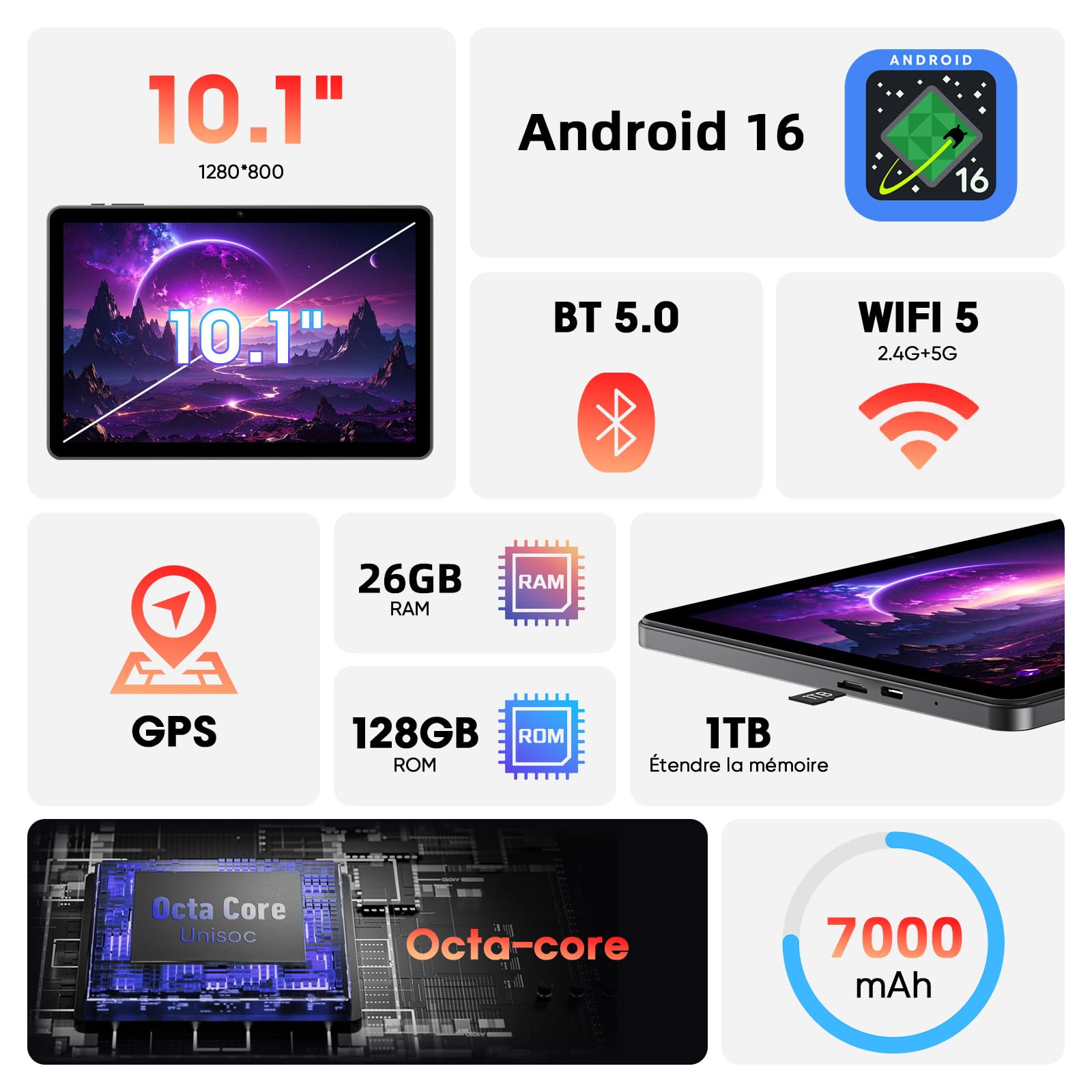 Raemond Tablette 10 Pouces, Tablette Android 15 avec Clavier, 26 Go RAM + 128 Go ROM + 1 to TF, Écran IPS HD 1280x800, Caméra Double, 7000 mAh, WiFi 6, BT 5.0, Widevine L1, GPS (Noir)