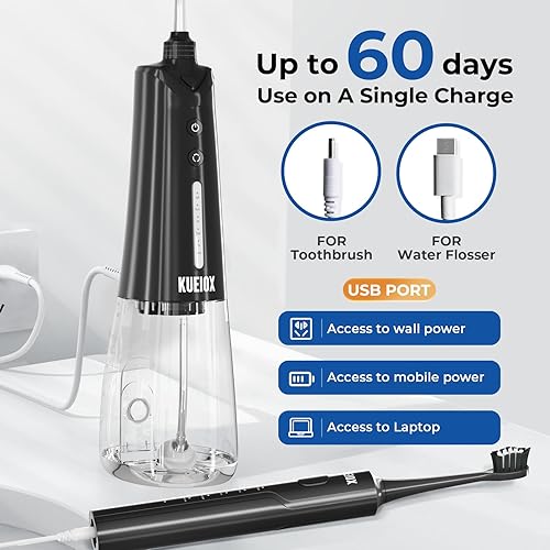 Miniatura 6 de KUEIOX Cepillo de dientes eléctrico con irrigador de agua inalámbrico, 10.8 fl oz, portátil de viaje para dientes con 5 modos y 6 puntas de chorro e