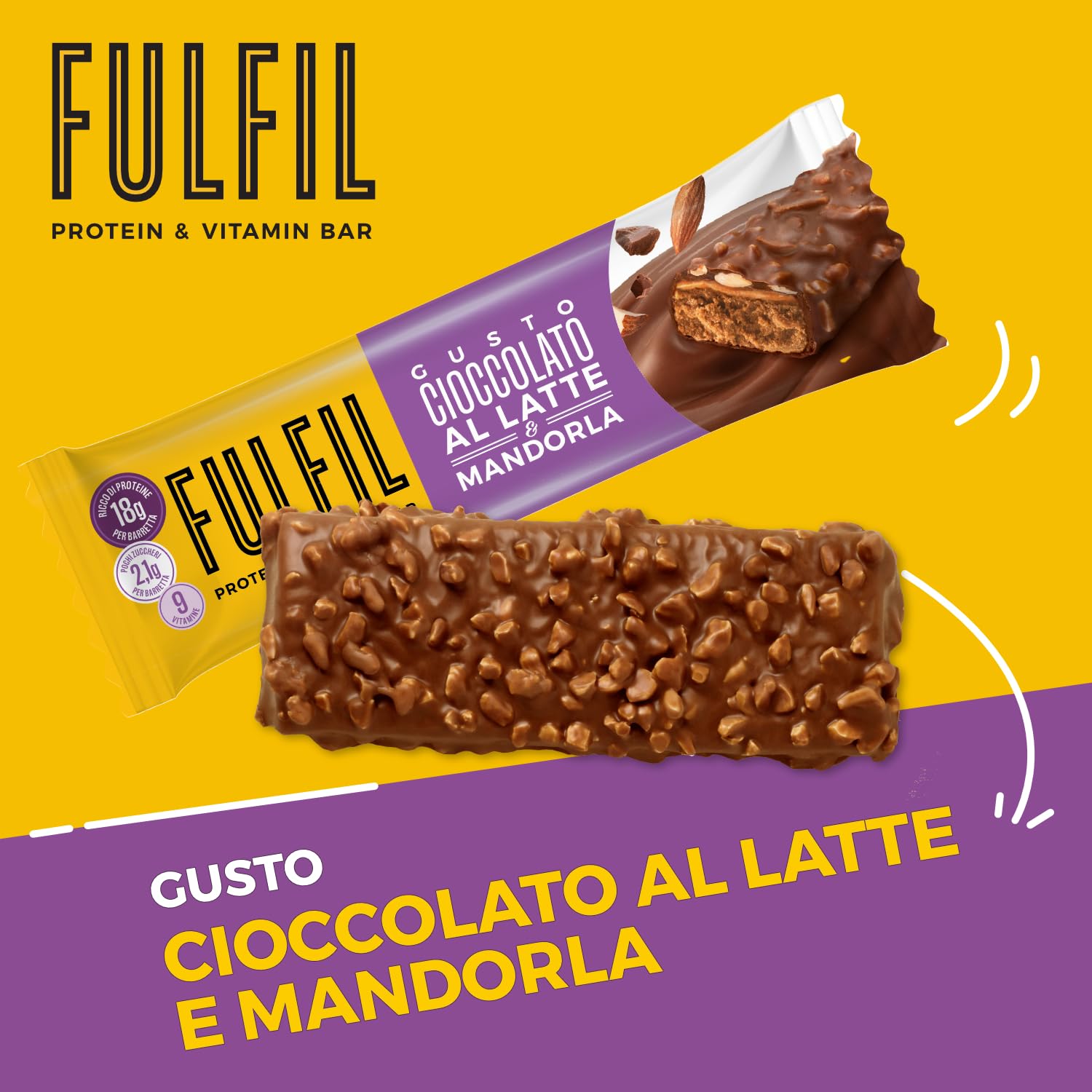 FULFIL - 15 Barrette Proteiche da 55 Grammi, Gusto Cioccolato al Latte e Mandorla con 9 Vitamine e Pochi Zuccheri, Confezione da 825 Grammi