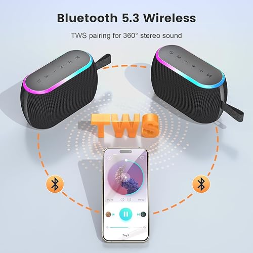 Miniatura 4 de Altavoz Bluetooth, inalámbrico portátil de 40 W con graves estéreo, Bluetooth 5.3, altavoces de ducha impermeables IPX6, luces LED, emparejamiento