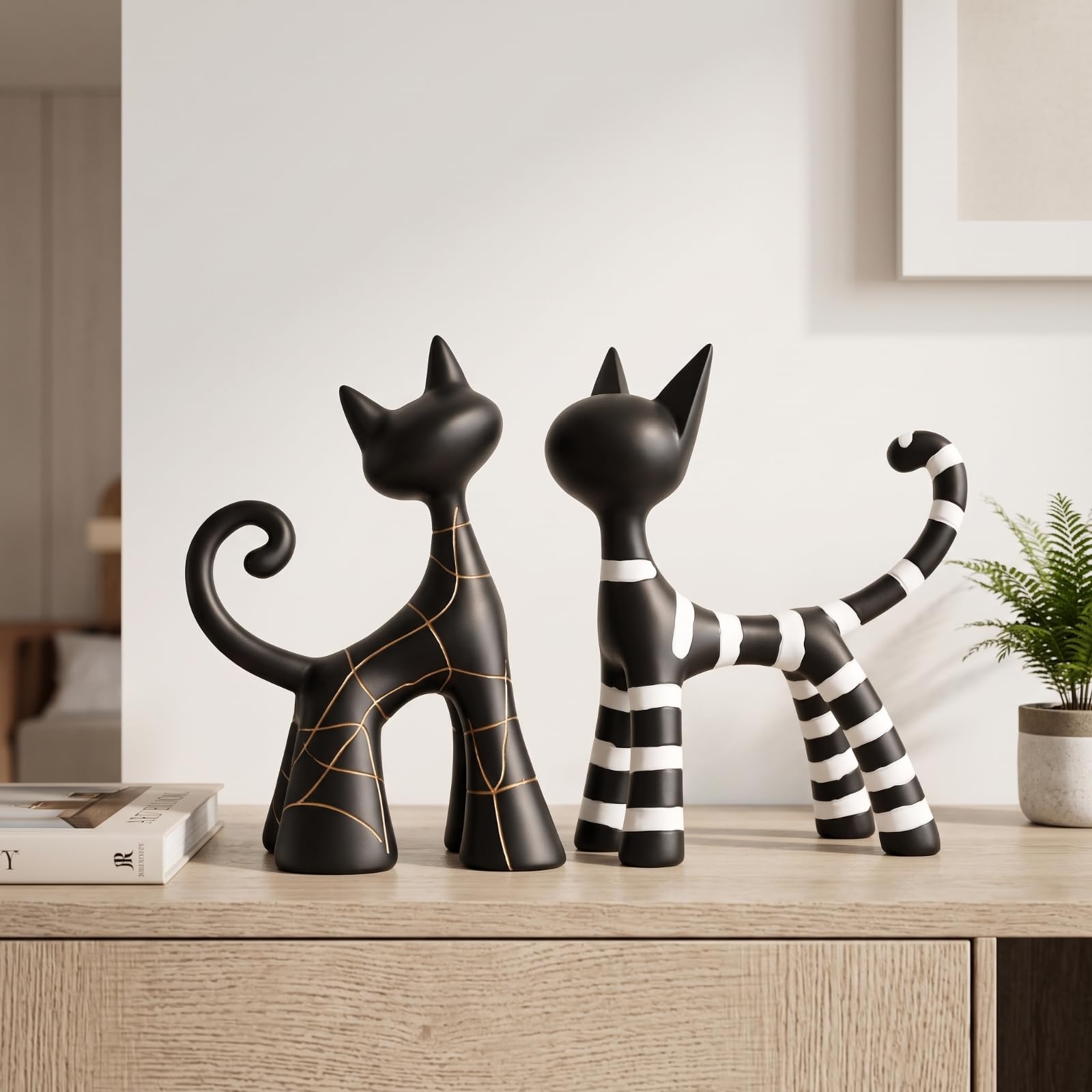 1 Par Escultura de Gatos Estatuas Decorativas Figuras Modernas en Resina Diseño Escultórico Forma Esbelta Superficie Mate Adecuado para Estanterías Bufetes Recibidores Sala de Estar