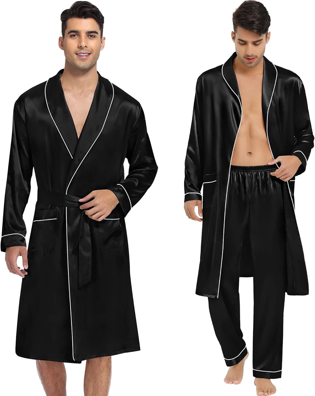 SWOMOG Men's Satin Robe 3 Pcs Silky Kimono Bathrobe Set Lightweight Soft Loungewear Nightwear