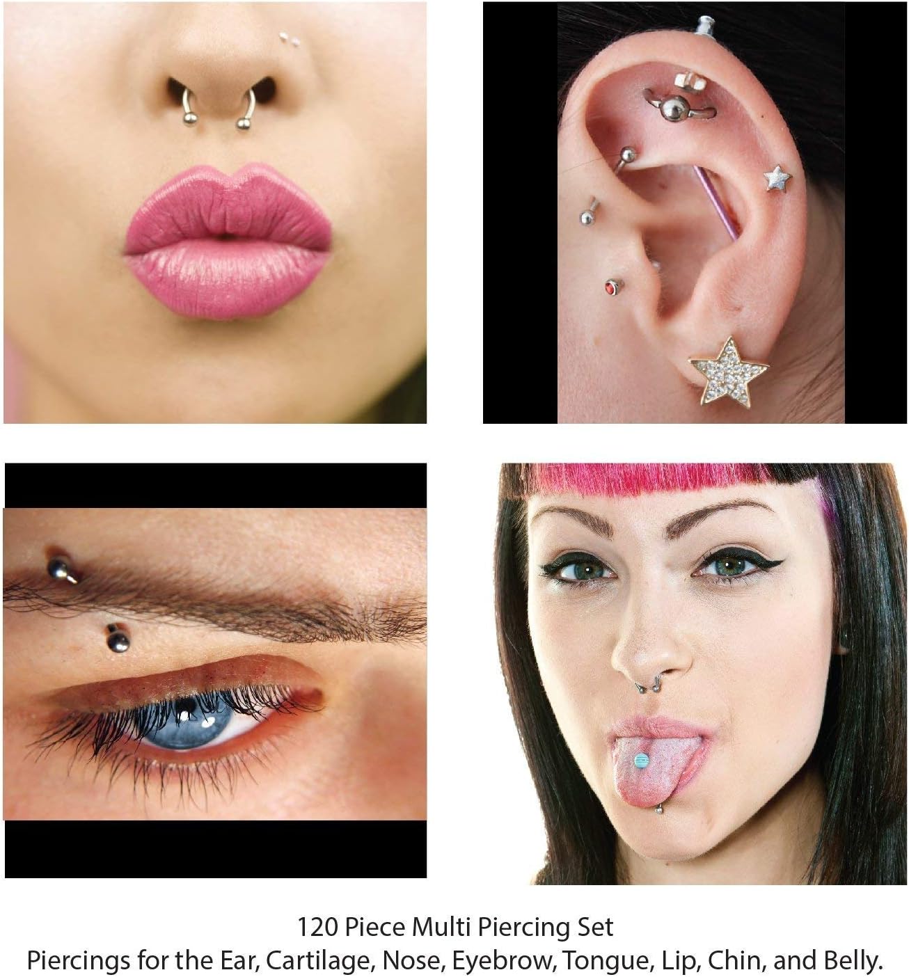BodyJ4You 130PC Body Piercing Lot Belly Ring Tongue Eyebrow Tragus Barbells 14G 16G Random Mix