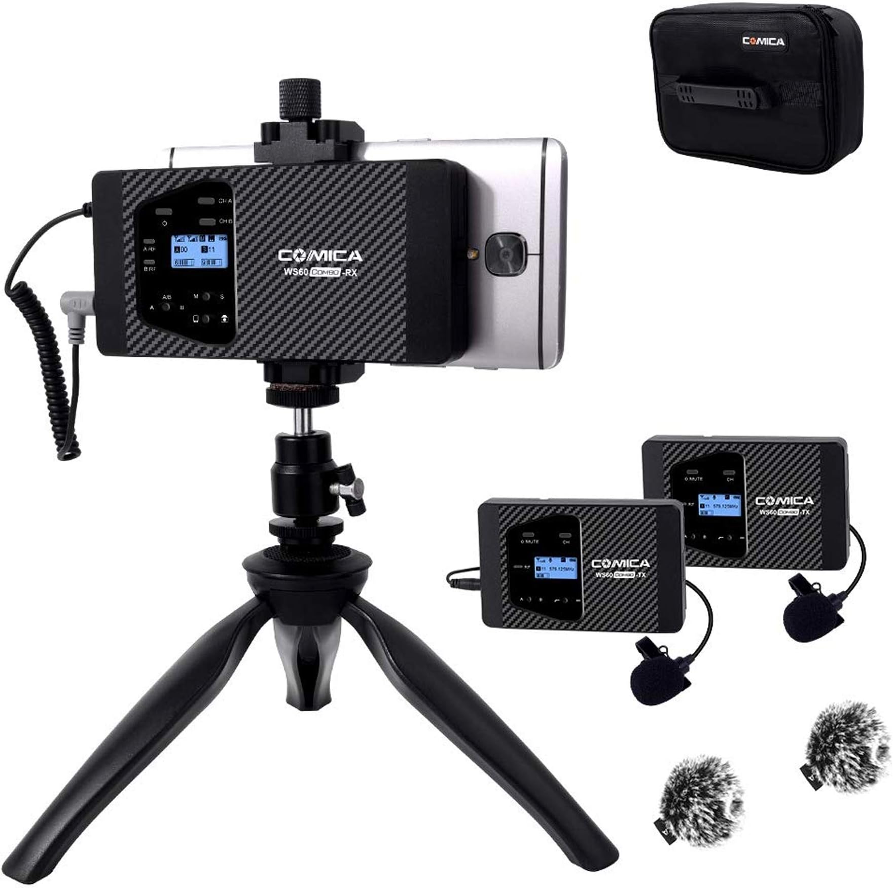 COMICA Wireless Smartphone Microphone, CVM-WS60 Combo 12-Channel Professional Handheld Microphone for iPhone Samsung Galaxy Pixel Android Phones, Cameras, Perfect for Interview Recording