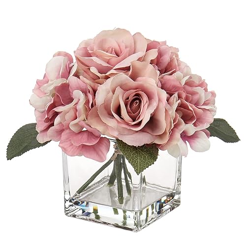 Pink Artificial Flowers in Vase - Hydrangea, Peony, Rose Silk Floral Arrangements for Home Office Table Shelf Decor - Pink #20