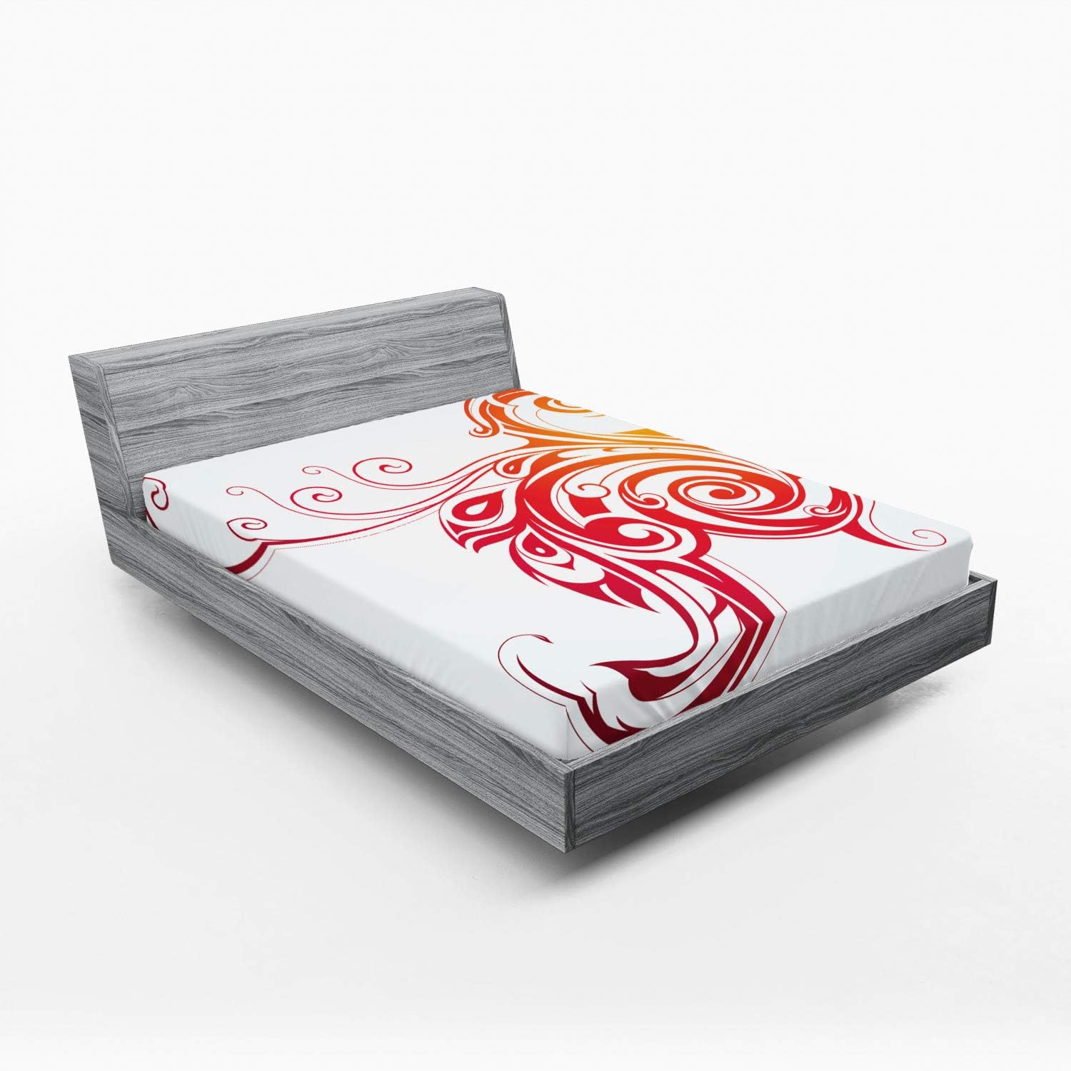 Ambesonne Phoenix Fitted Sheet, Bird with Swirled Wings Reborn Several Lives Design, Bed Cover with All-Round Elastic Deep Pocket for Comfort, Queen Size, Dark Orange White Red