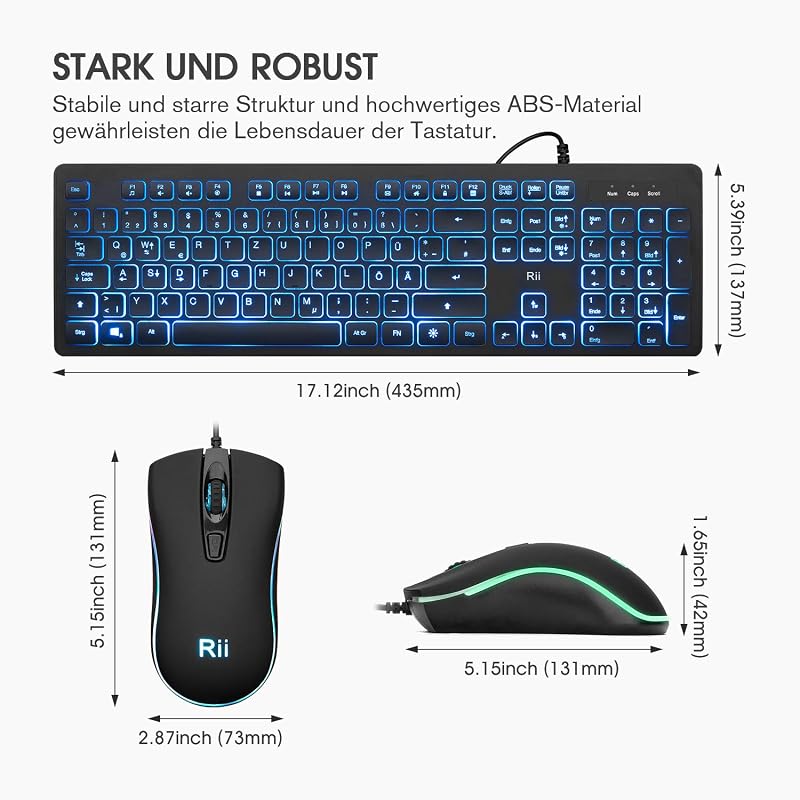 Rii Gaming Billentyűzet és Egér Szett LED Háttérvilágítással, Vezetékes QWERTZ