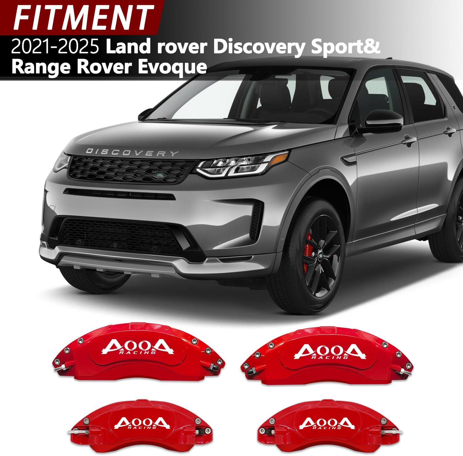 AOOA Red with White Logo Caliper Covers Compatible with 2021-2025 Land rover Discovery Sport& Range Rover Evoque– DIY Custom Aluminum Caliper Covers, Easy Install, Exterior Upgrad(Set of 4)