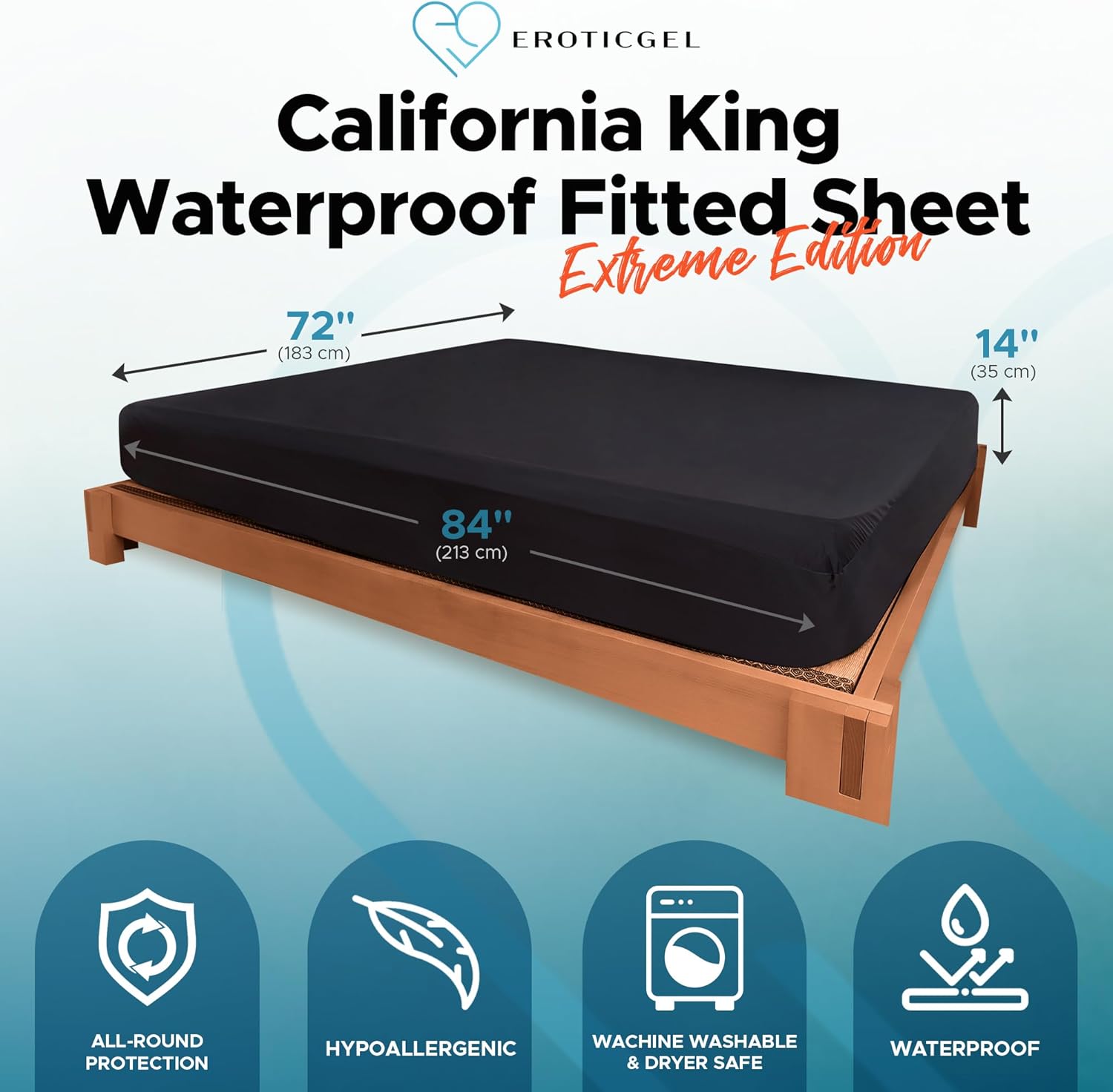 Extreme California King Waterproof Fitted Sheet, 14'' Deep Pocket, 100% Black Mattress Protector, Safe with Oil, Water-Based, & Silicone Massage Products, Machine Washable, Noiseless, Hypoallergenic