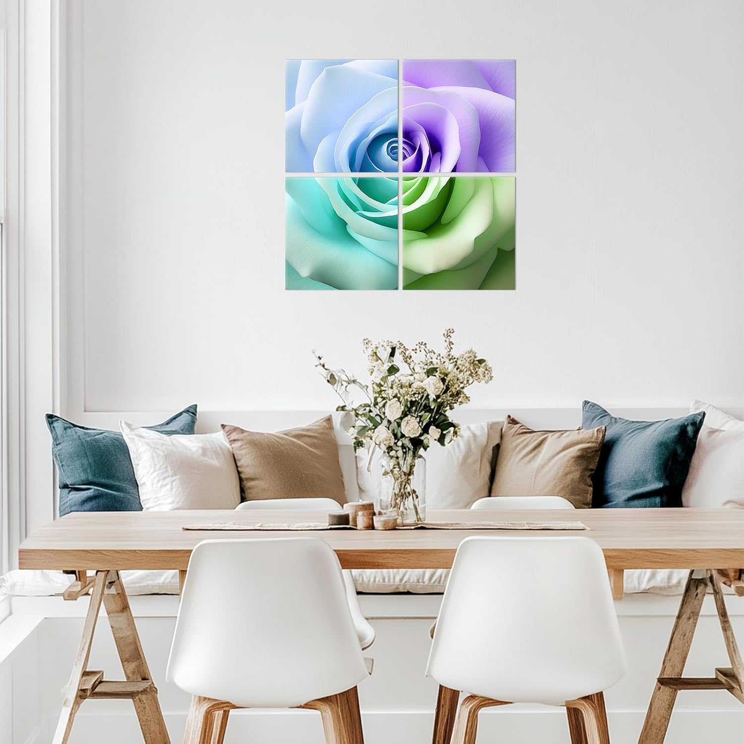 PLIDAAYO Colourful Rose Wall Art 4 Pieces Rose Bloom Close up Canvas Print Blue Purple Green Flower Picture Romantic Bedroom Poster Floral Painting for Girl Living Room Home Decor(Flo-04,20"x20"x4)