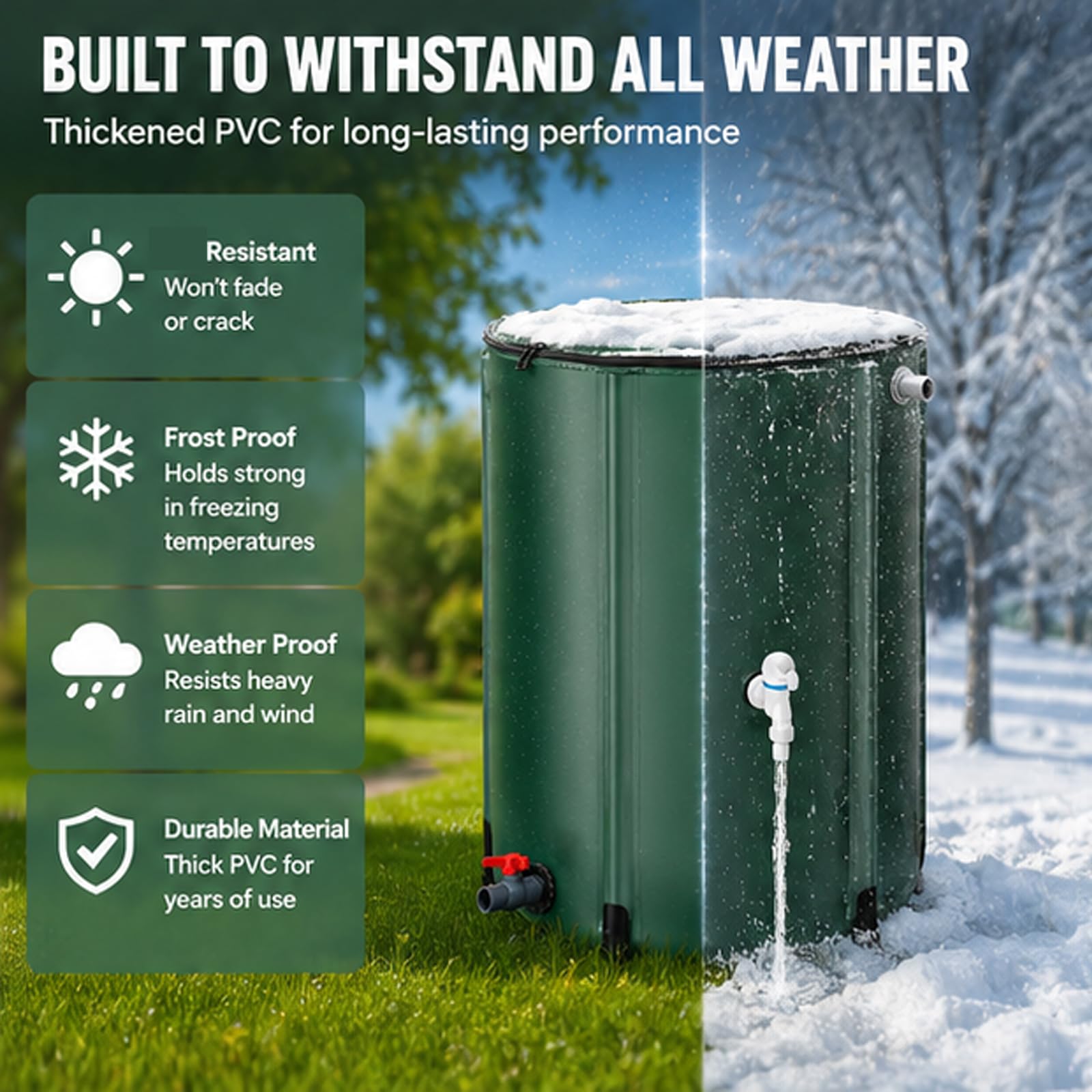 Barriles de Lluvia para jardín con Grifo y Tapa con Cremallera, Sistema de recolección de Agua de Lluvia Plegable de 50-250 L, Tanque de Almacenamiento de Agua portátil de PVC, para riego de Jard 50L