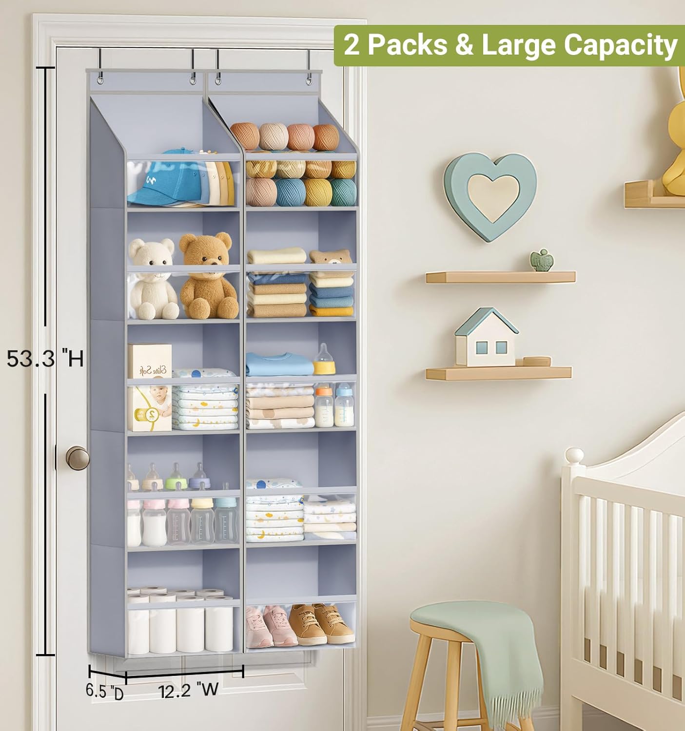 AOODA 2 Pack Over the Door Organizer, Large Capacity Closet Door Hanging Organizer, Clear Deep Pockets Baby Organizer Storage for Nursery, Bathroom, Bedroom, Pantry, Diapers (Grey) - Image 2
