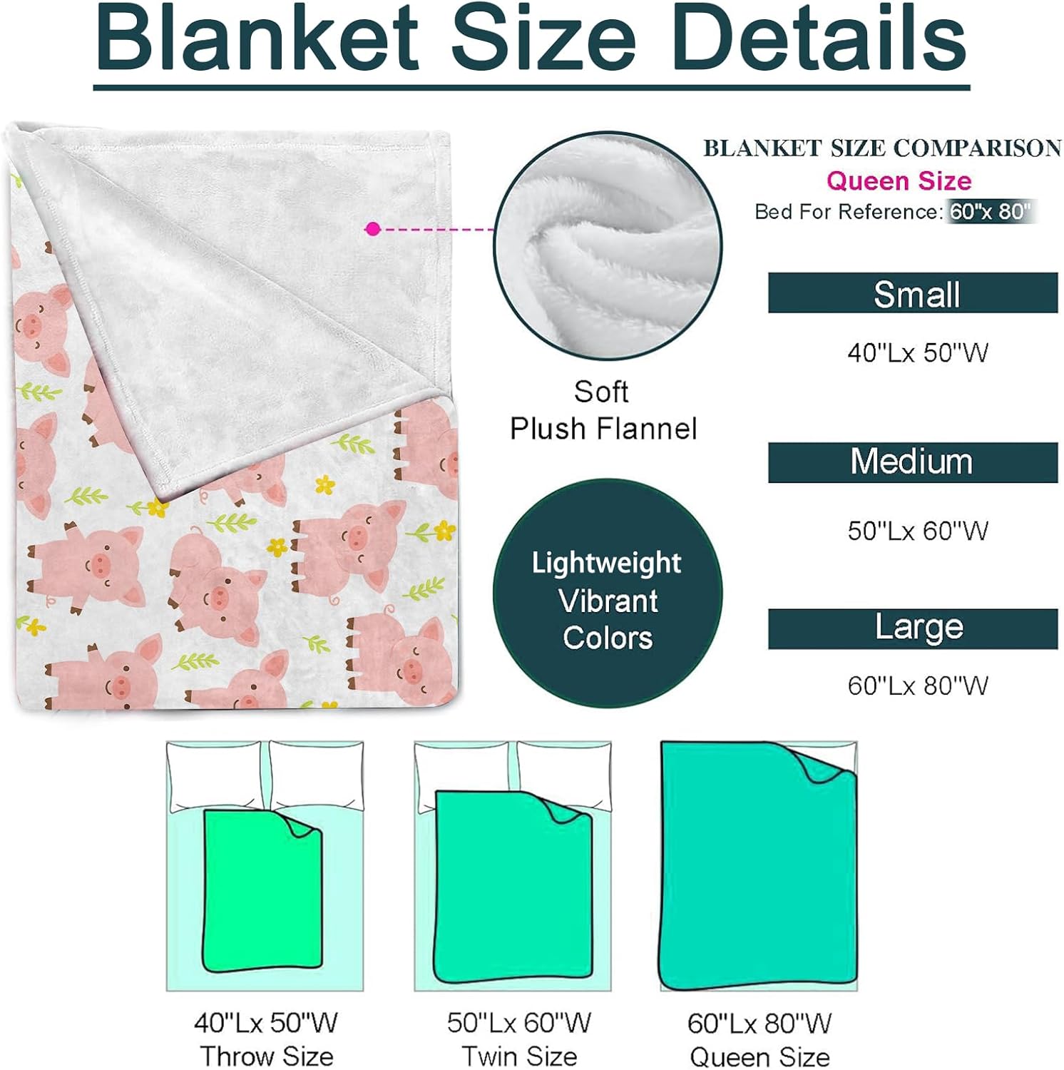 Cute Pig Blanket, Farm Animal and Floral Flannel Throw, Soft Cozy Lightweight Throws Blankets for Women Kids Girls, Funny Adorable Home Decor for Sofa Couch Bedroom Home, 60x50 Inch