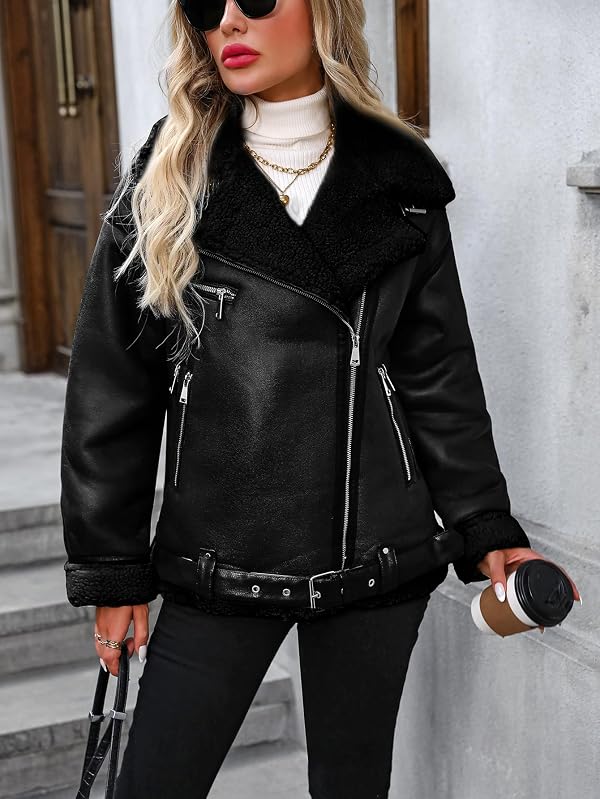 LY VAREY LIN Women Faux Leather Jacket Sherpa Aviator Bomber Coat by LY VAREY LIN - Image 4