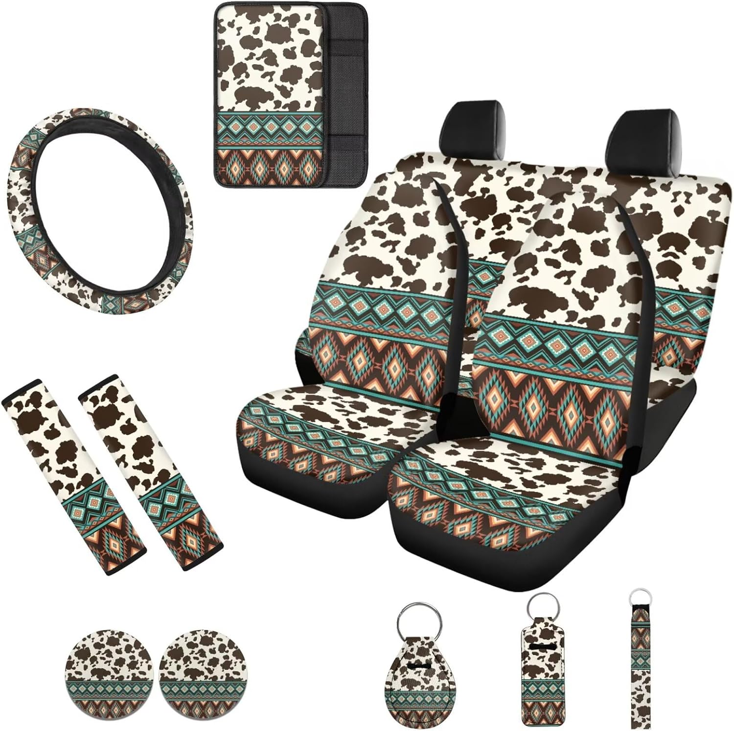 Horeset Cow Print Aztec Car Seat Cover Full Set 13 Pieces Car Steering Wheel Accessories Armrest Cover Auto Seat Belt Cover Key Ring and Coaster Lipstick Cover Universal for Auto Car SUV