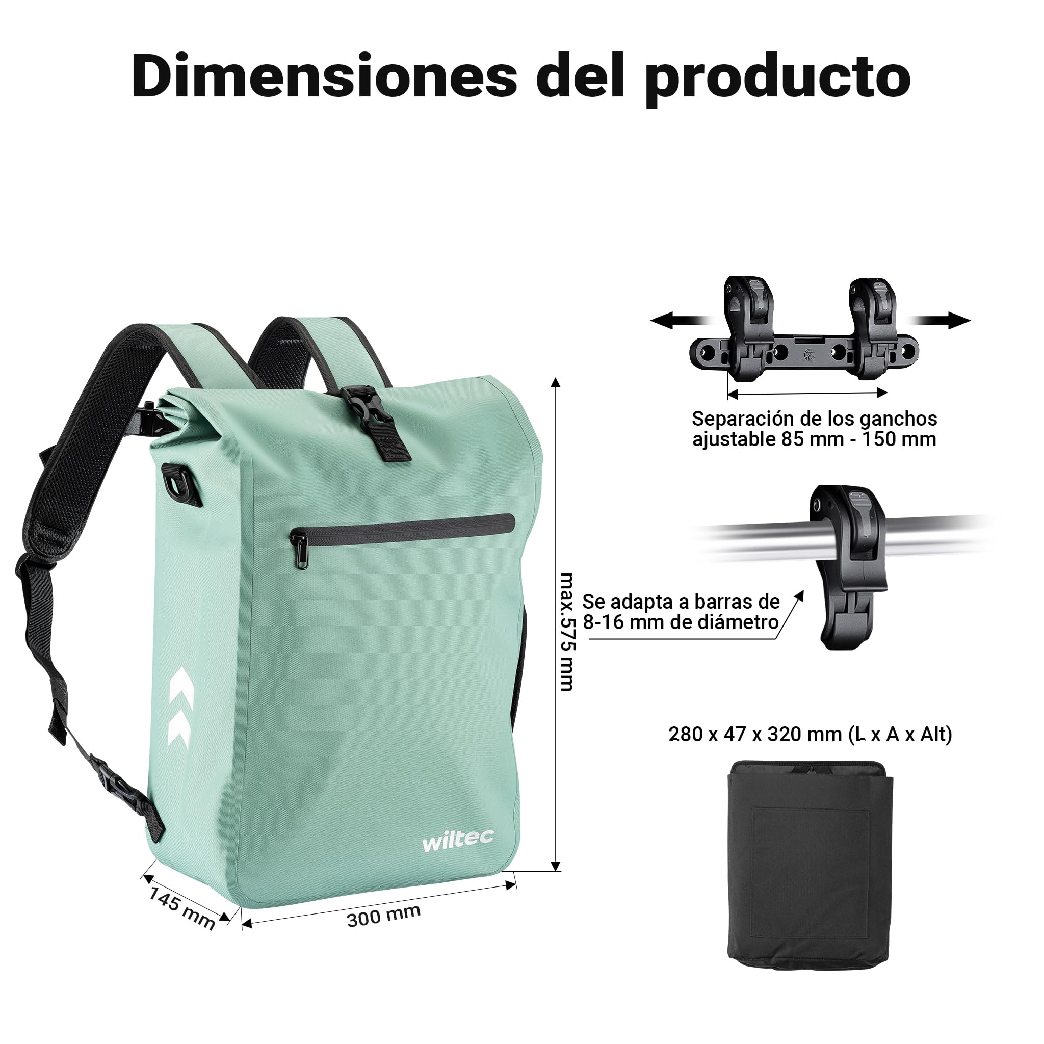 WilTec Bolsa versátil para Bicicletas 25 L Verde Claro Resistente a la Lluvia con Compartimento para portátil fácil instalación en portabultos Ideal para Ciclistas urbanos y excursiones