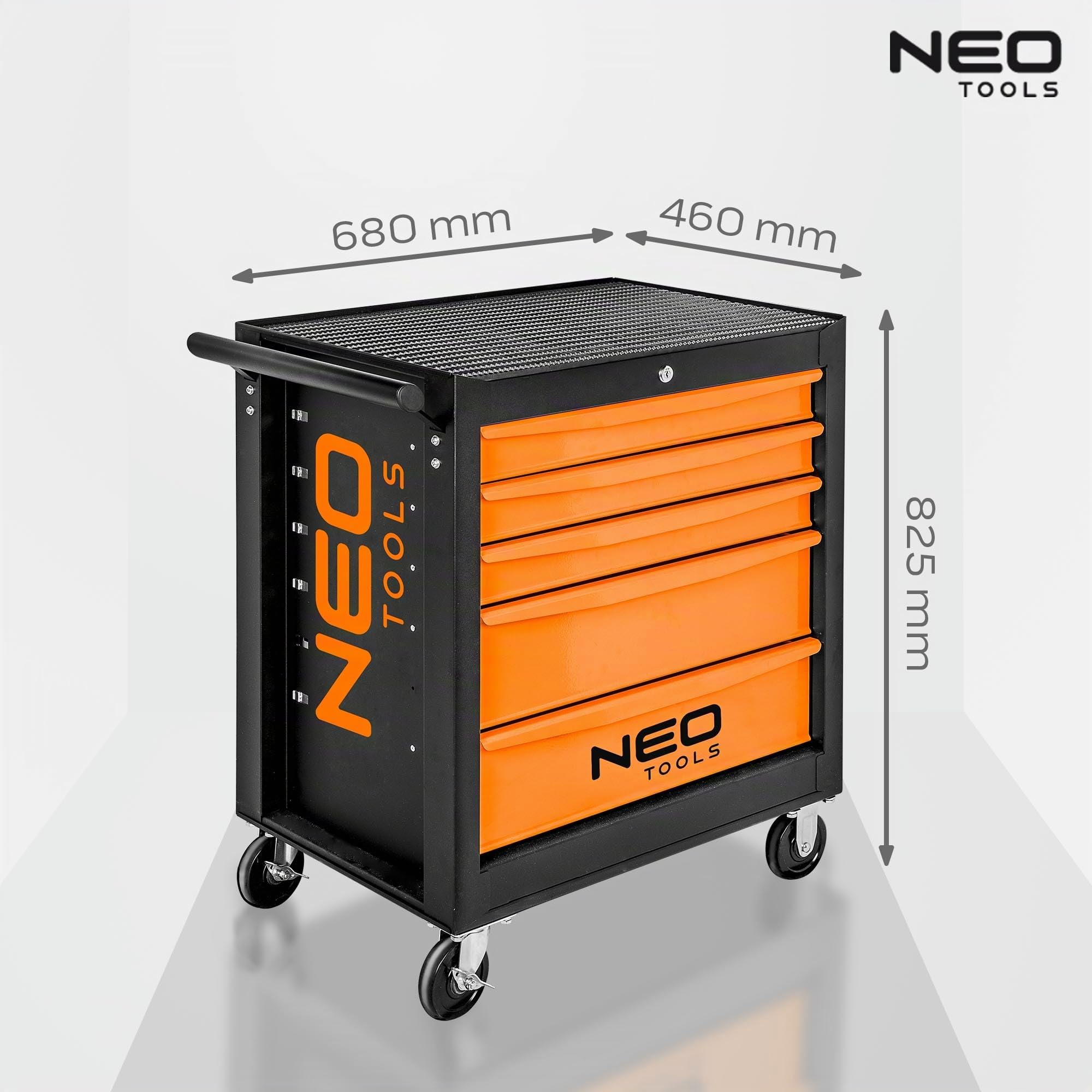 NEO TOOLS Carrello da officina con 5 scomparti – Cassetti con cuscinetti a sfera – Chiusura centralizzata – Tappetino antiscivolo – Ruote girevoli – con freno di stazionamento – Carrello portautensili