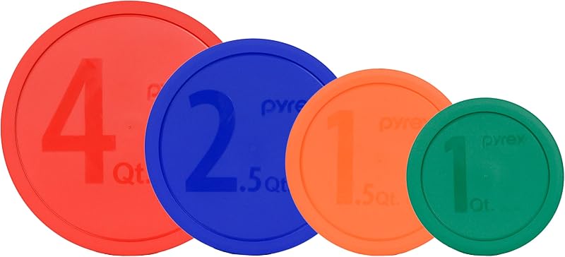 Juego de tapas para tazones para mezclar Pyrex 322-PC, 323-PC, 325-PC y 326-PC - Fabricado en EE. UU. | Rojo (4 cuartos) | Azul cadete (2.5Qt) | Turquesa blanqueada por el sol (1,5 qt) | Verde (1 cuarto) | Tapas de almacenamiento de alimentos | Tapas de repuesto