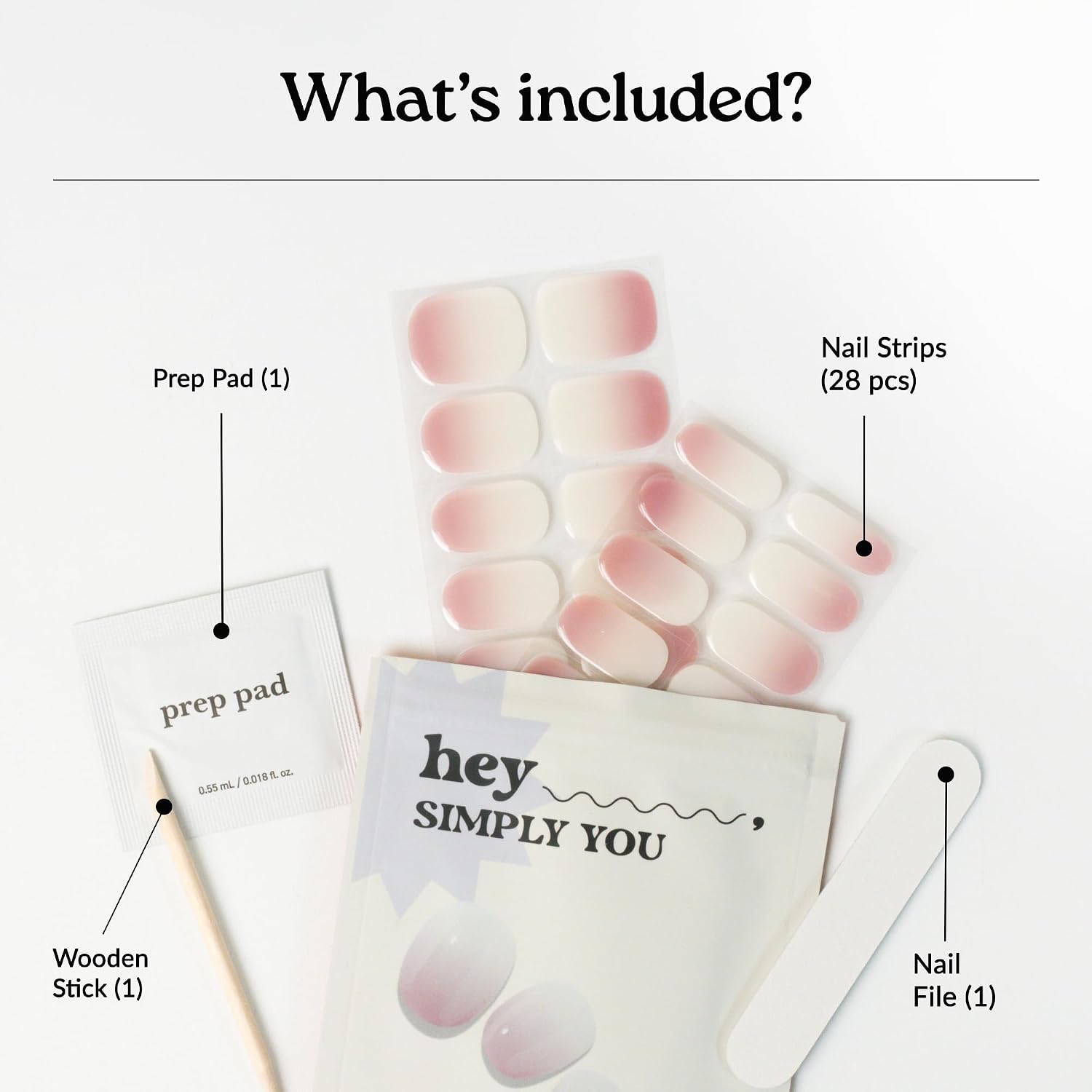 Heyhae Semi Cured Gel Nail Strips | No LED Lamp Needed |Pink, Ombre | Easy Apply & Remove, Salon Quality | Includes 28 Strips, 2 Prep Pads, Nail File & Wooden Stick - Hey, Simply You