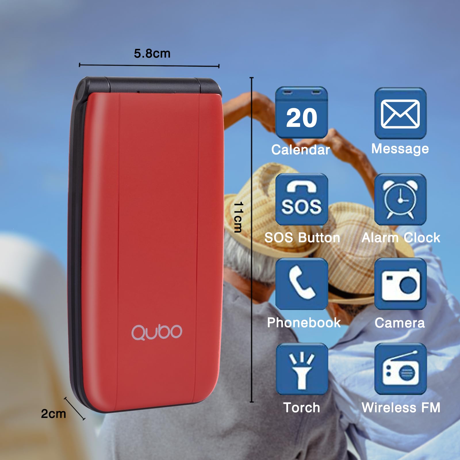 Qubo Flip Telefono per anziani GSM, Cellulare per anziani, Display da 2,4'', Volume alto,Funzione SOS, Supporto Dual SIM,Chiamata rapida, Radio FM, Torcia elettrica,Rosso