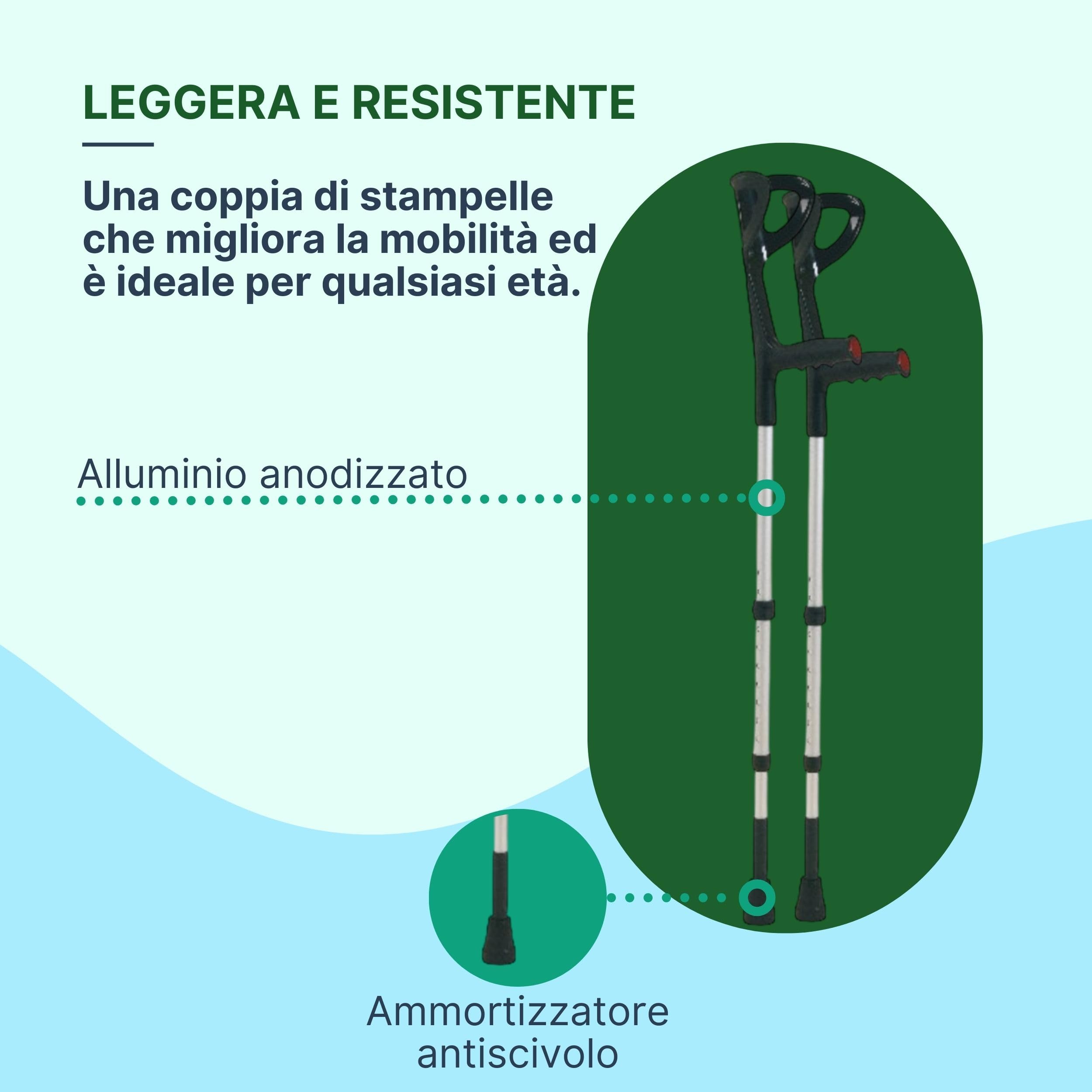Stampelle Ortopediche Regolabili con Ammortizzatore, 2 Unità | Stampelle Canadesi in Alluminio Anodizzato, Altezza 74-97cm, Nero/Argento