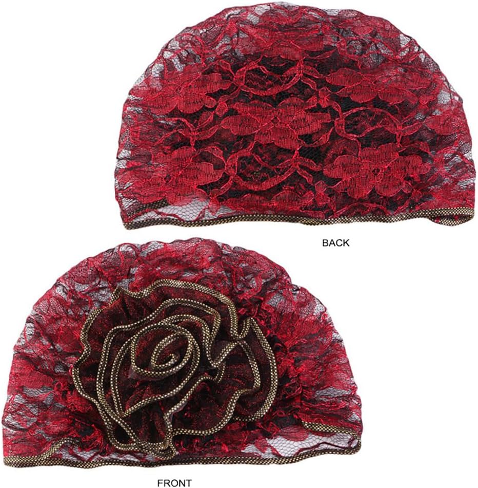 Zcargel Women Lace Turban Hat, Muslim Stretch Head Scarf Wrap Cap Beanie Stretch Vintage Lace Beanie Hat Islamic Prayer Turban Hats, Wine Red+blue+silver - Image 4