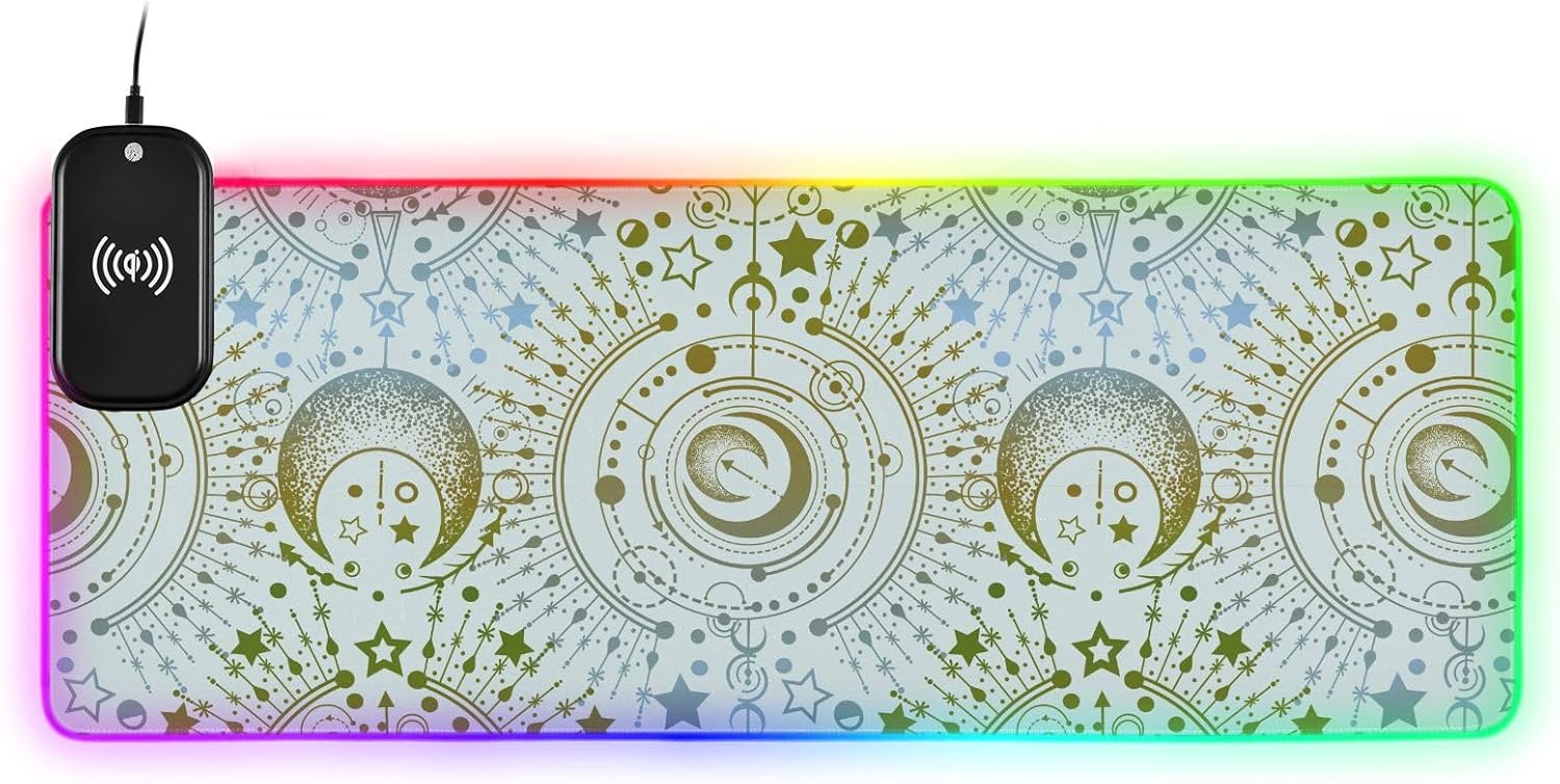 Gaming Mouse Pad Wireless Charging with 16 Led Light Modes with Premium Smooth Surface(Starry Sky Print,31.5x11.8in,White)