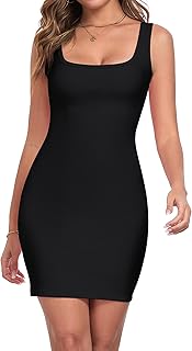 Summer Dresses for Women Sexy Mini Dress Ribbed Knit Fitted Square Neck Bodycon Party Club Tank Dresses