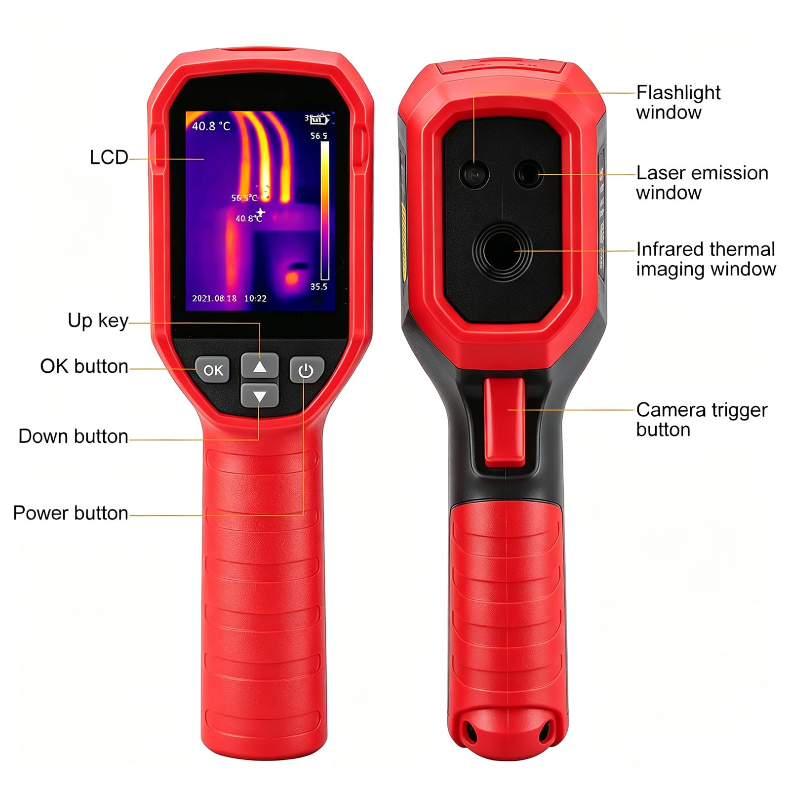 Cámara Térmica Infrarroja, Imagen LCD Recargable de 1080 Píxeles Cámara Portátil de Imágenes IR -20 °C - 400 °C (-4 °F A 752 °F) para HVAC, Inspección de Tuberías de Calefacción Por Suelo Radiante