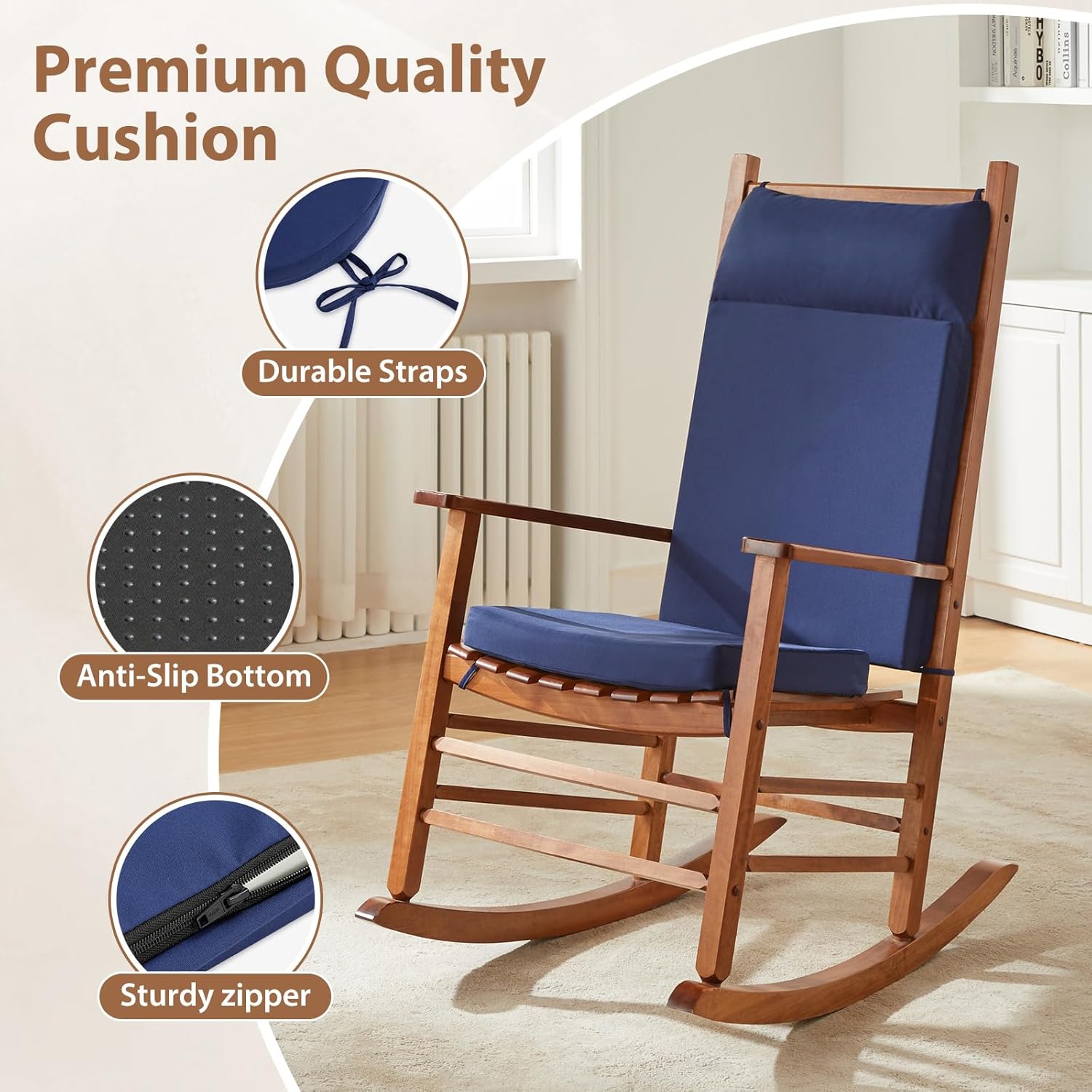 Waterproof Rocking Chair Cushions Outdoor & Indoor, Wooden Rocking Chair Pads set of 2, Non-Slip Large Glider Rocker Replacement Cushions with Pillow & Ties,Seat & Back Cushion for Rocker Blue