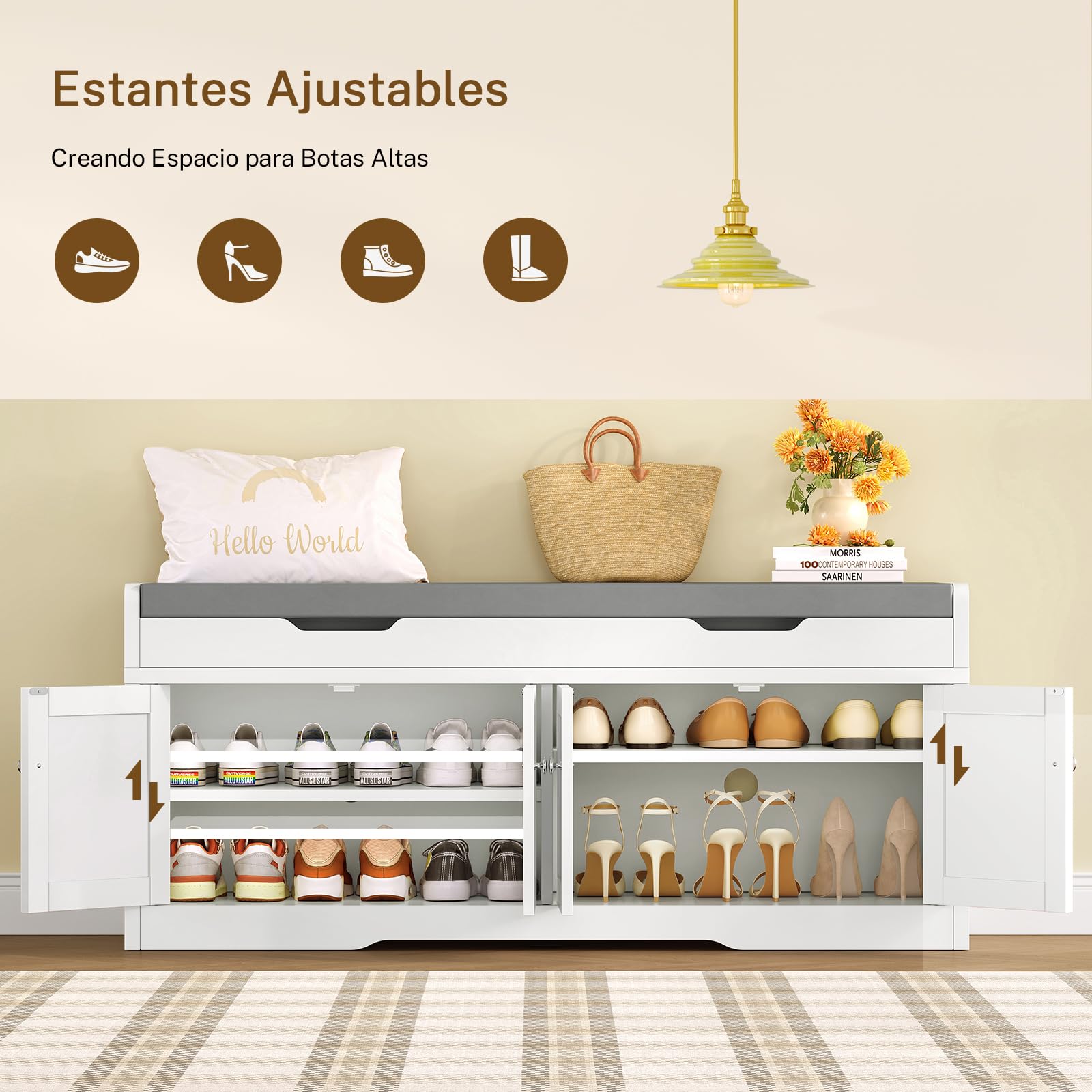 TEENFON 120 cm (B) Banco Zapatero con Asiento, Banco Recibidor, Zapatero con Almacenamiento y Asiento Acolchado, Estantes Regulables y Compartimento Oculto, Soporta 136 kg, Blanco, 120×35×50 cm