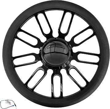X-AVION 14" Retro Style Billet Aluminum 9-Bolt Steering Wheel, Black Leather Half Wrap with 9-Bolt Dish Design & Mirror-Polished Black Horn Button, Fits Most 1967-94 GM Cars