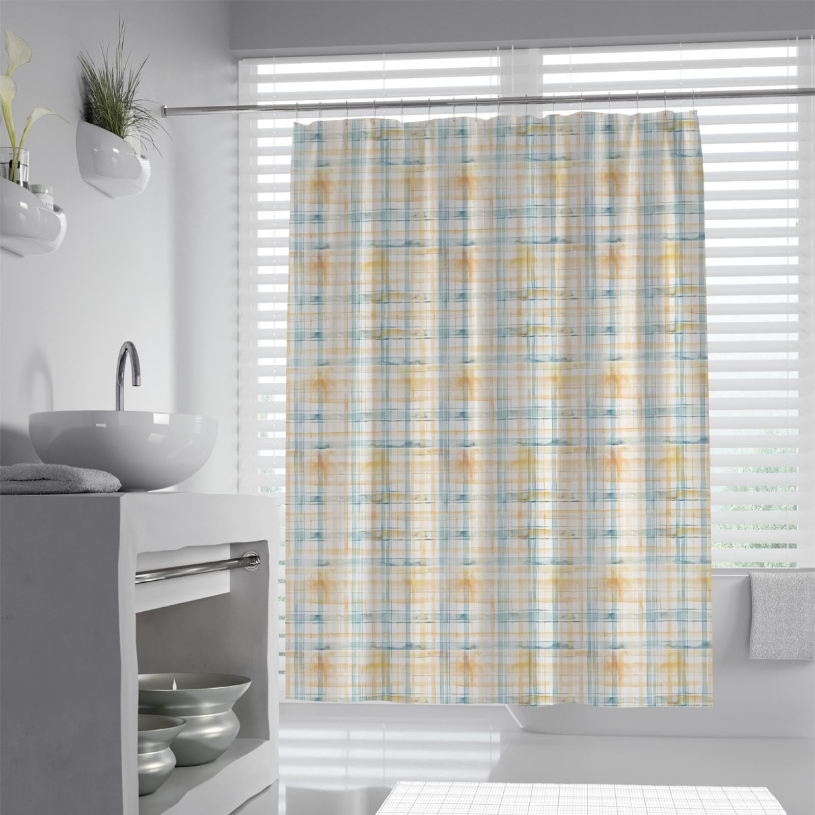 Cortina de Ducha con Patrón Geométrico de Cuadros Resistente a Las Arrugas Calidad Hotelera Clásica Cortina de Bañera Moderna para Baños Lavable 180Bx180Lcm