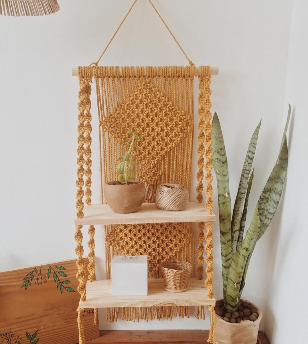 Macrame Wall Hanging Shelf, 2-Tier Wooden Display Shelves with Woven Rope Design, Mustard Yellow, Boho Home Decor