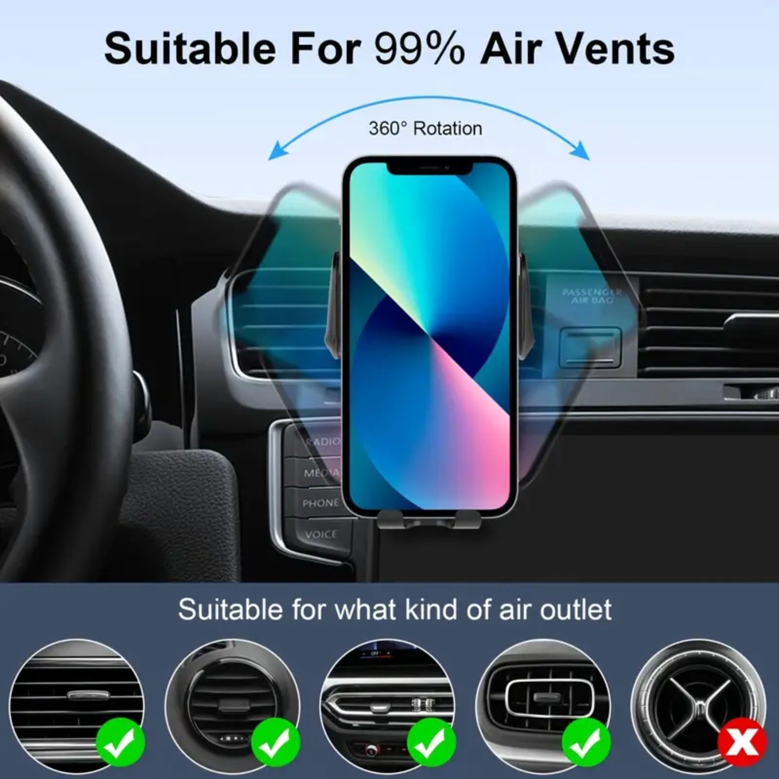 Supporto per telefono da auto da 15 W, caricatore wireless a induzione, blocco automatico intelligente, supporto per caricabatterie da auto wireless, supporto per presa d'aria, per iPhone 15 14 13 12