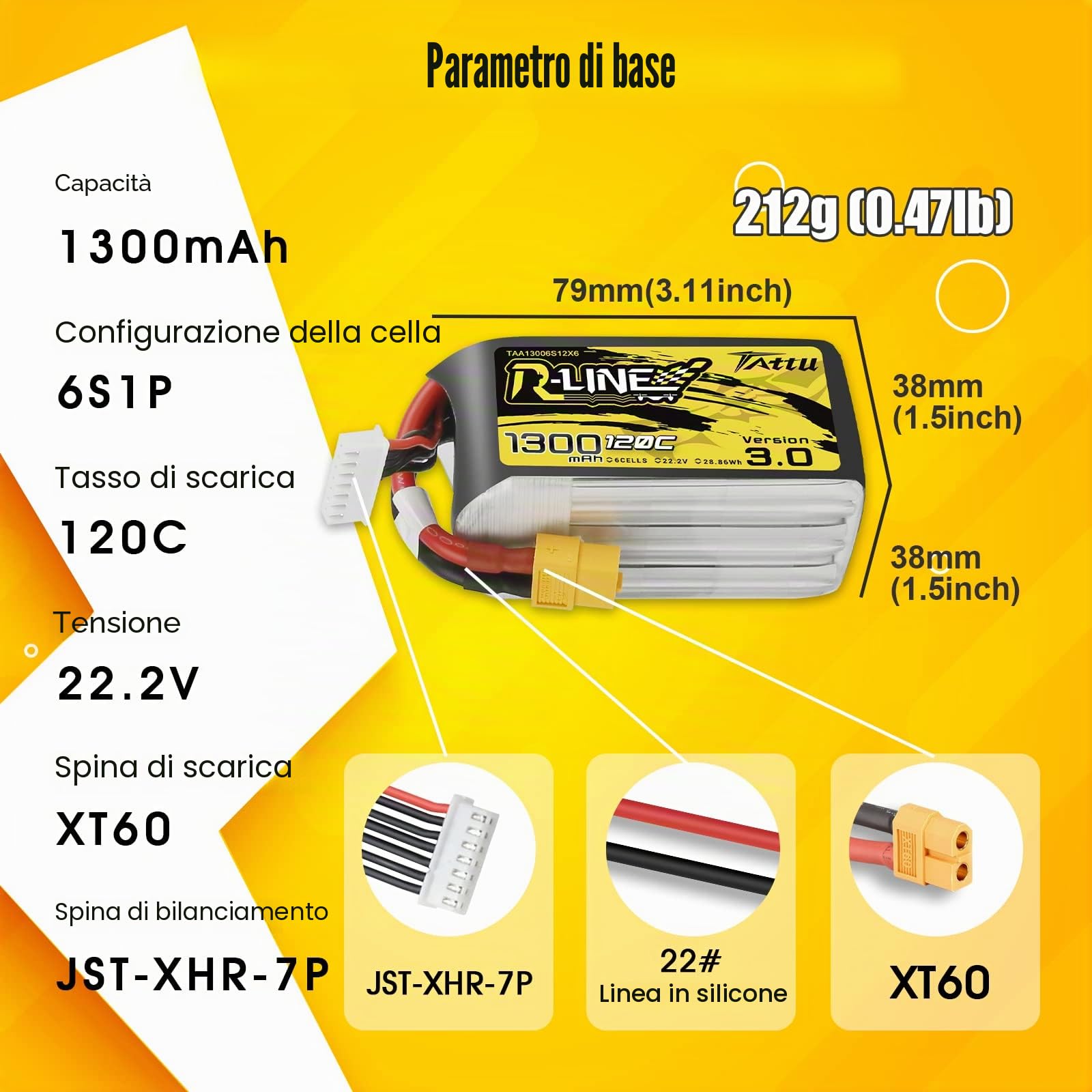Tattu 6S Lipo Batteria 22.2V 1300mAh 120C Custodia morbida RC Batteria serie RLine con connettore XT60 per UAV Drone FPV Race RC Quadcopter