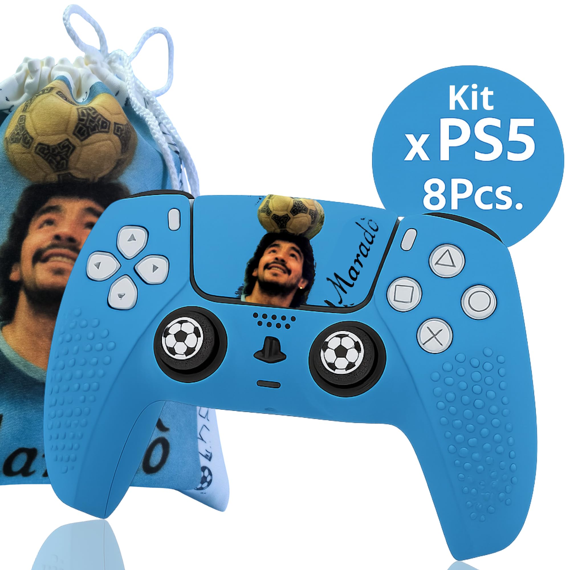 Kit Cover PS5 Celeste – Guscio in Silicone + Grips Antiscivolo (Thumb Grips) + Touchpad Sticker – Custodia Skin Anti Slip – Compatibile con Controller DualSense – Per veri tifosi