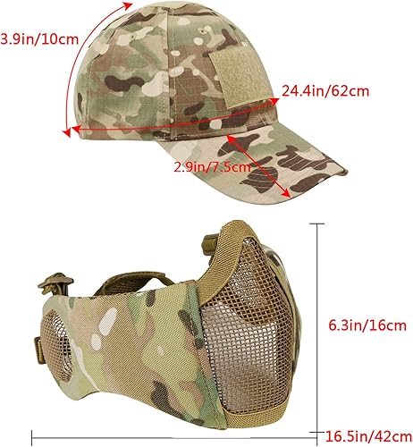 Miniatura 7 de AOUTACC Juego de máscara y gorra de malla Airsoft de media cara, máscara táctica plegable de malla con protección para las orejas para Airsoft
