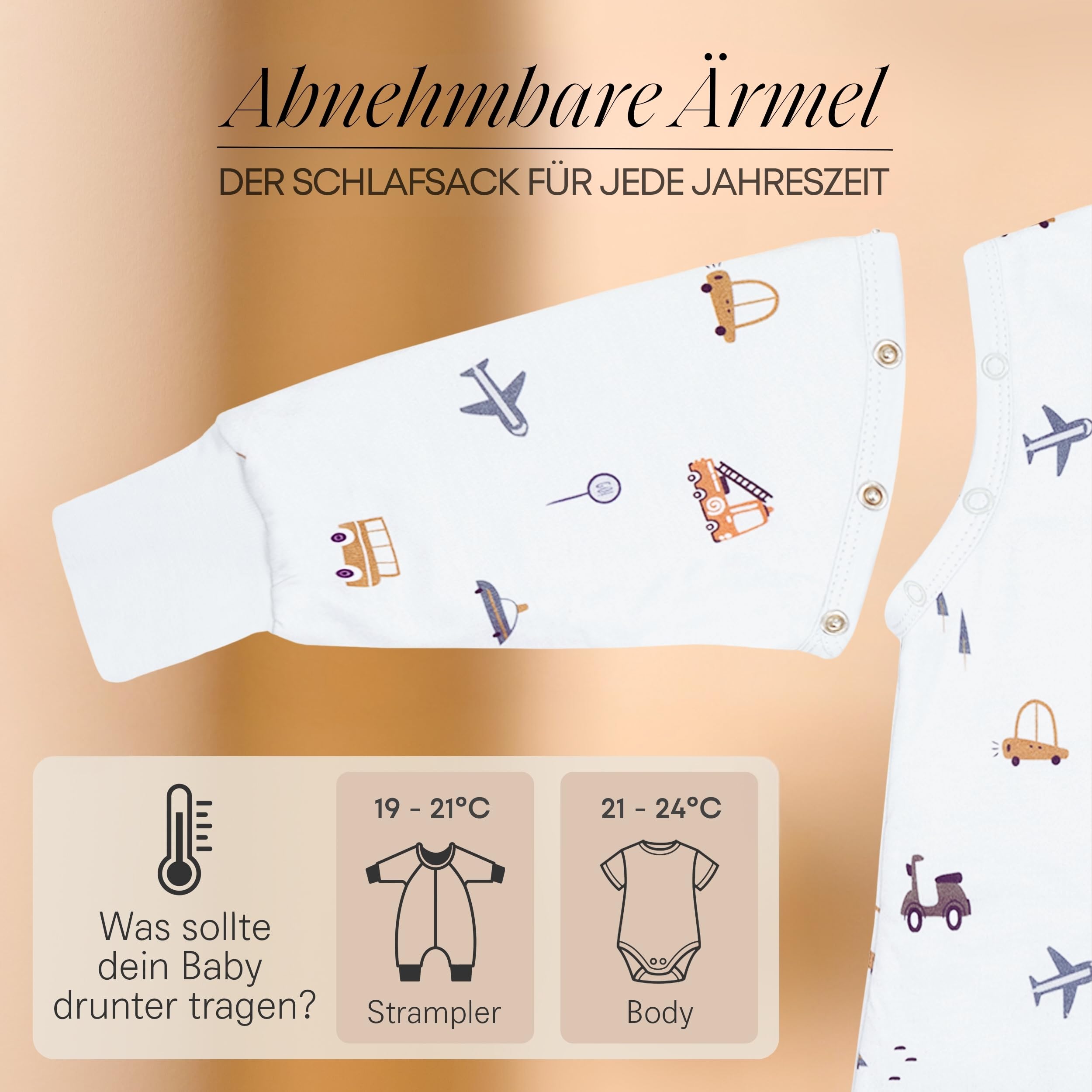 Saco de dormir para bebé de todo el año con pies y mangas desmontables – 1,5 TOG – 100% algodón orgánico GOTS – Saco de dormir infantil para todo el año con pies – puños plegables – Car