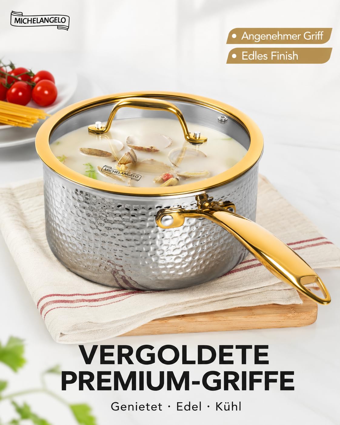 MICHELANGELO 10-tlg. Topf- und Pfannenset Induktion, Edelstahl, gehämmert | Kochgeschirr-Set | Gehämmerte Optik | Goldfarbene Griffe | 3-lagiger Edelstahl | PTFE-/PFOA-frei | Backofen bis 315°C