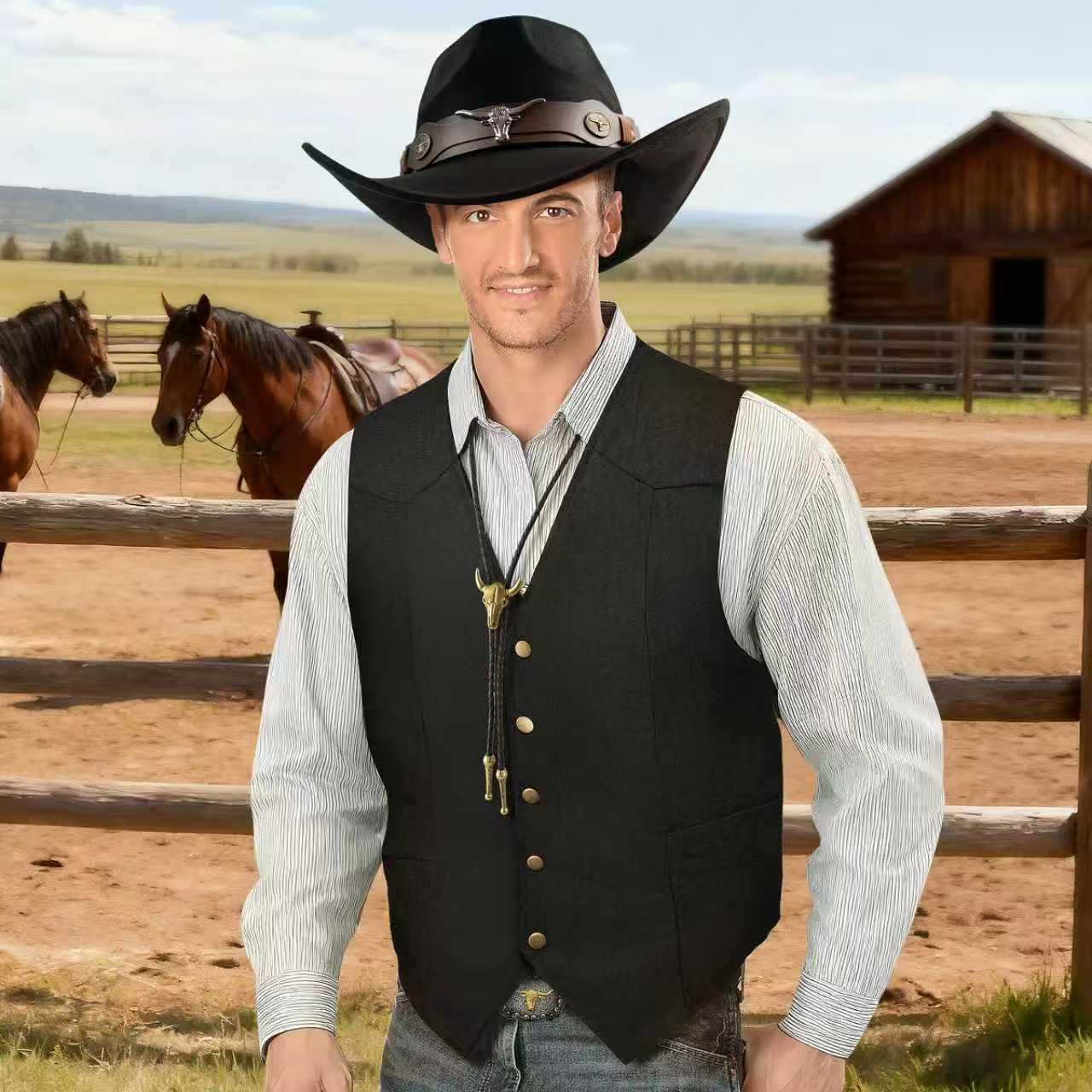 5 Pcs Cowboy Outfit for Men Cowboy Costume Western Vest Hat and Accessories for Halloween Wild West Party - Image 3