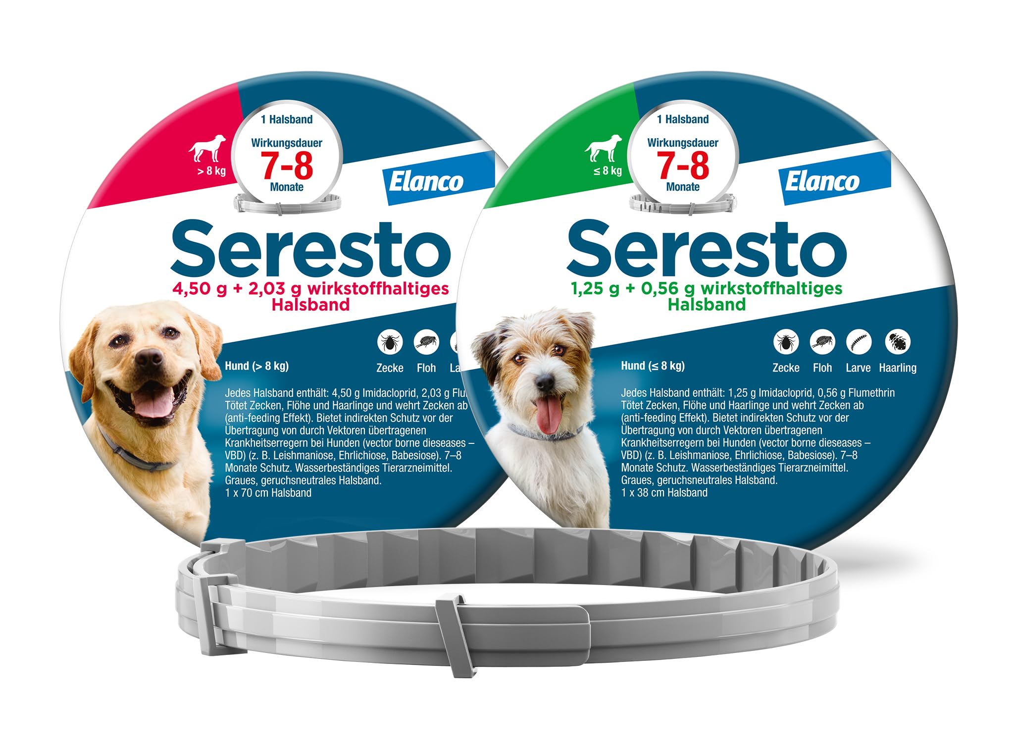 Seresto Zeckenhalsband Kombi-Set für große & kleine Hunde, 2 Halsbänder | Praktisches Set mit 1x für große Hunde (ab 8kg) & 1x für kleine Hunde (bis 8kg). Bis zu 8 Monate Schutz vor Flöhen & Zecken.