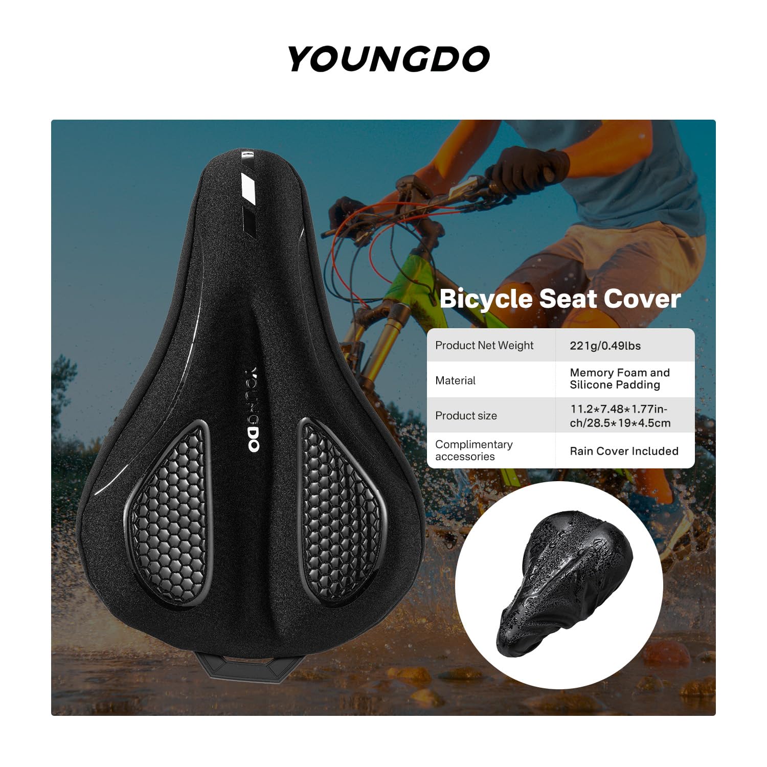 YOUNGDO Fahrradsattel Überzug, Ergonomischer Gel Sattelbezug, Fahrradsitz Polsterung, Weich und Bequem, mit Regenschutz, für Damen & Herren