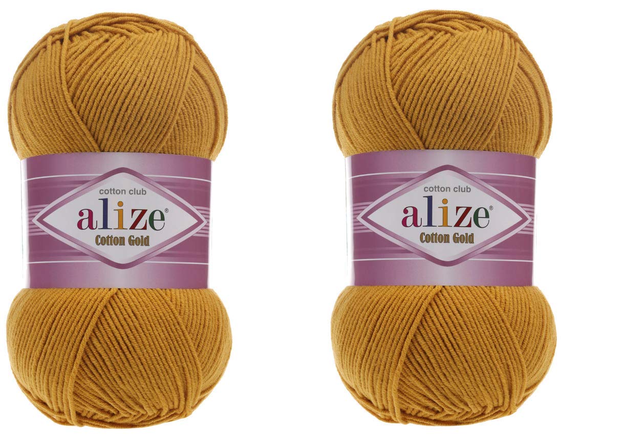 Alize Cotton Gold Yarn 55% Cotton 45% Acrylic Yarn Crochet Hand Knitting Art Lot of 2 Skeins 200gr 722yds (2-Mustard)