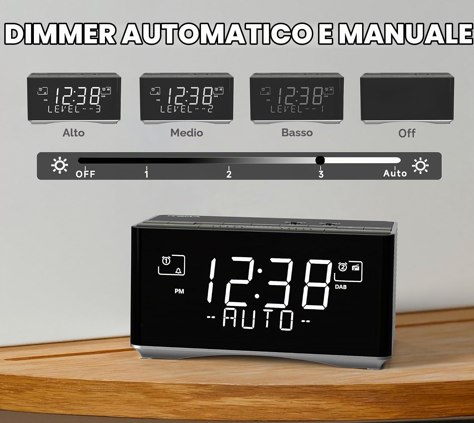 iTOMA Radiosveglia FM e DAB con Porta di Ricarica USB, Altoparlante Stereo Bluetooth, Jack Per Cuffie, Doppio Allarme, Snooze, Display LCD Oscurabile 3501