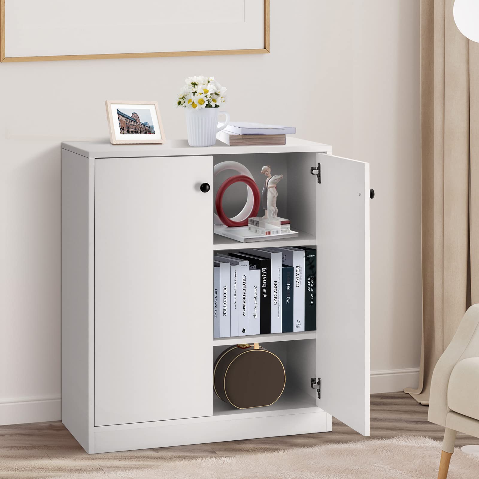 KOMFOTTEU Aparador de Cocina con 2 Puertas, Armario Bajo con 3 Estantes, Mueble Buffet con Dispositivos Antivuelco, Mueble de Almacenamiento para Sala de Estar, Comedor, 72 x 34 x 86 cm (Blanco)