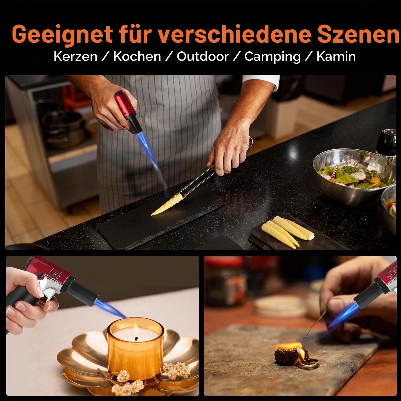 Butan Fackel Feuerzeug nachfüllbar mit verstellbarer Flamme Küche Fackel für Creme Brulee Backen BBQ Kochen Löten Einhandbetrieb mit Kraftstofffenster Sicherheitsschloss (Butan Gas nicht enthalten)